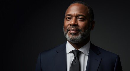 Distinguished african american man with salt and pepper beard wearing a sharp suit and tie looking off to the side