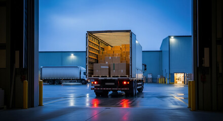 Fototapeta premium Back of a Semi-Truck with Open Door at a Warehouse
