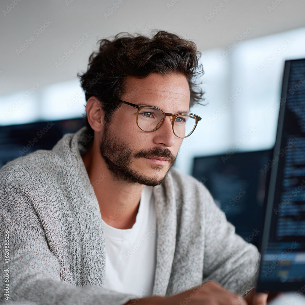 Poster focused man with glasses coding at a computer, immersed in work. depicts intellect, concentration an