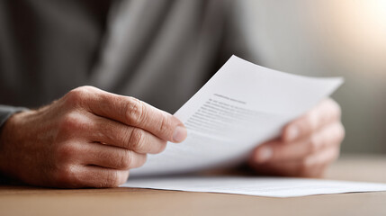 Closeup of hands holding and reading a document. Represents careful review, contracts, legal agreements, or serious decisions. Use for finance, business, or personal choices.