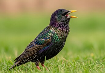 Colorful european starling singing on grass in daylight