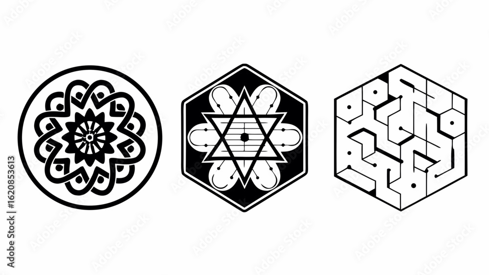 Poster three geometric designs featuring intricate patterns in black and white on a white isolated backgrou