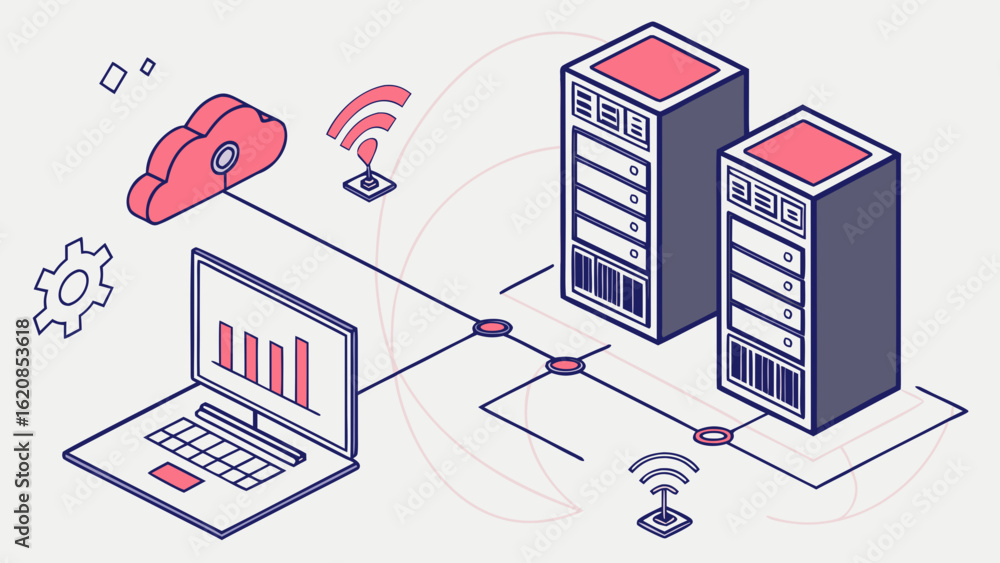 Poster isometric network diagram featuring cloud computing laptop servers and wireless connections shown cr
