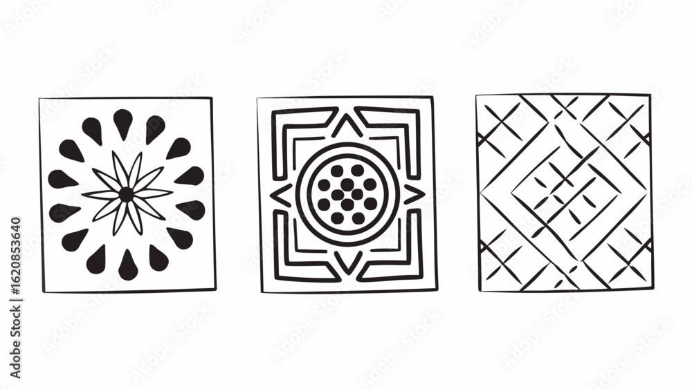 Poster three square tiles with geometric patterns in black and white hand drawn style illustration created 