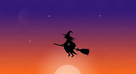Silhouetted witch on broomstick flying against colorful sunset sky