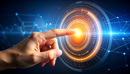 Human finger touching a glowing futuristic interface with digital data streams and network connections