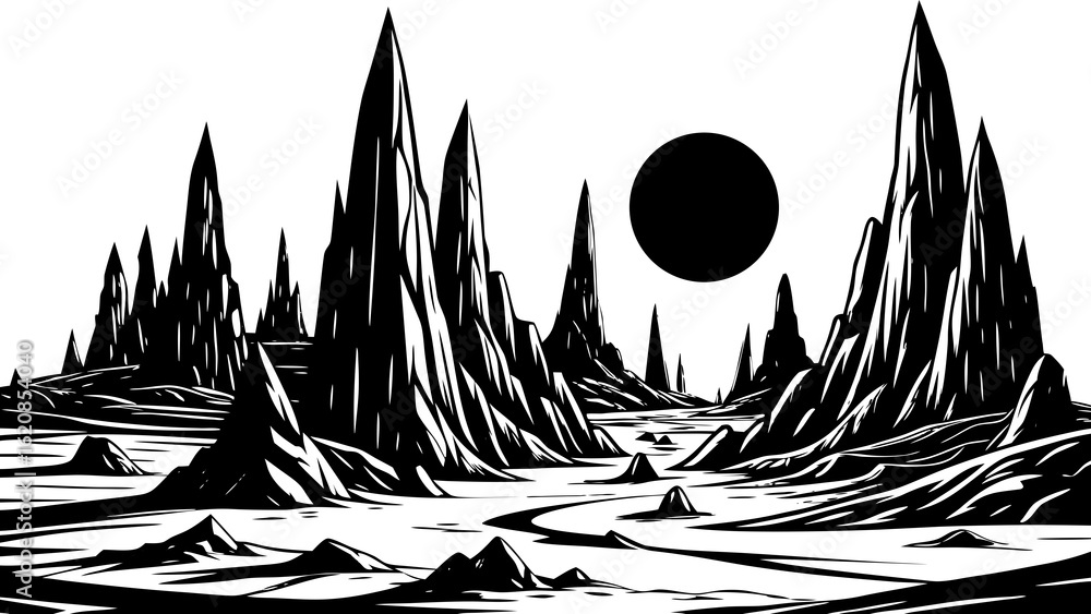 Poster a stark black and white landscape with jagged peaks and a dark circle in the sky creating contrast c