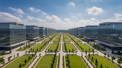 Aerial view of modern office buildings architecture design with green spaces and landscaping under blue sky on transparent background