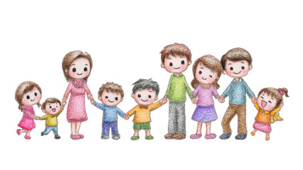 Colorful Family Cartoon Illustration with Children and Parents