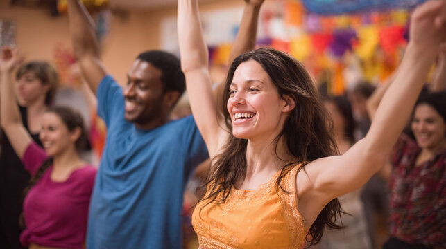 Joyful diverse group celebrating with arms raised. Represents freedom, unity, success. Ideal for depicting teamwork, community, achievement, and happiness.
