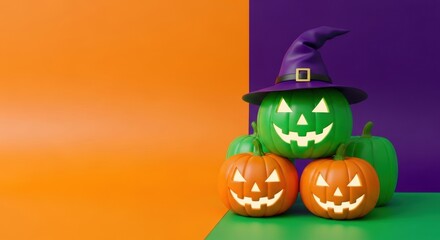 Halloween jack-o'-lanterns with witch hat on colorful background