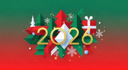 Festive 2026 holiday scene with decorated trees, stars, and snowflakes