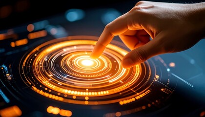 Close up of a human finger touching a glowing orange circular interface with futuristic digital data streams