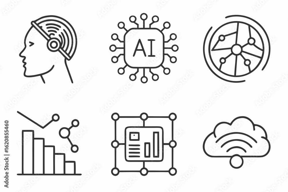 Aufkleber modern ai smart interface icons – minimal black outline vector set