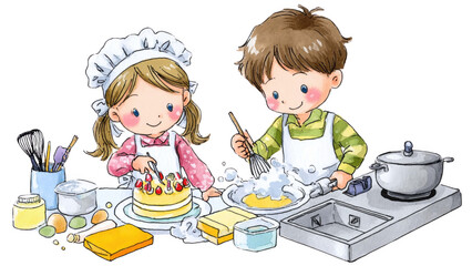 Cute Kids Baking Cake in Kitchen Illustration