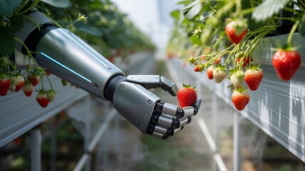Robotic strawberry farming automation technology agriculture innovation future of food production system on transparent background