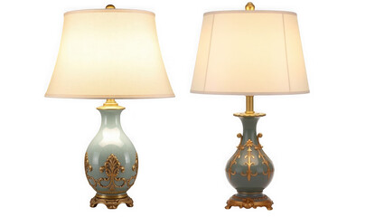 Two elegant table lamps with ceramic bases and beige shades provide warm illumination for a luxurious interior isolated on transparent background