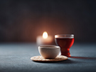 Solemn still life with symbolic elements bread, cup, wine, and soft candle light. Evokes spirituality, faith, remembrance, and quiet contemplation. Perfect for religious themes.