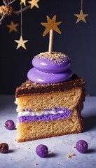 Delicious slice of cake with chocolate frosting and purple cream topped with a star-shaped decoration