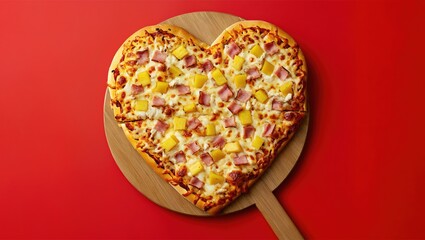 Heart-shaped pizza with ham and pineapple on a wooden board