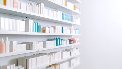Organized shelves with diverse pharmaceutical products and medical supplies, highlighting an extensive healthcare inventory in a modern facility.