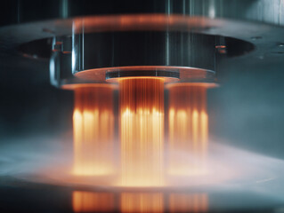 Abstract industrial image showing a futuristic device with glowing, fiery beams. Evokes technology, energy, and innovation. Perfect for science, research or futuristic themes.