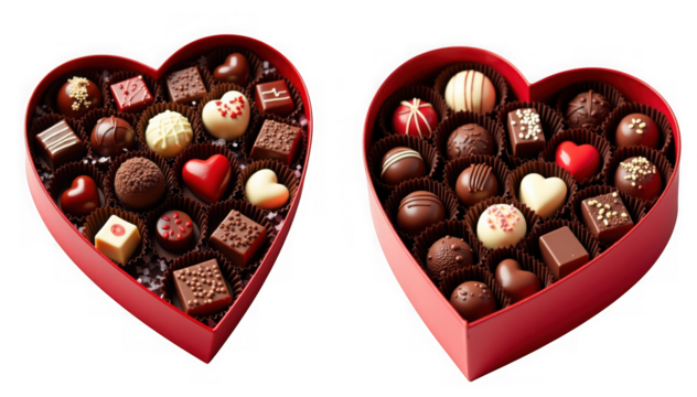 Two heart shaped boxes filled with assorted chocolates perfect for valentines day or a romantic gift isolated on transparent background