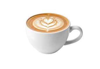 Latte art in a white ceramic mug against a black background.