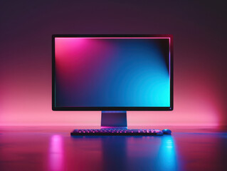 Illuminated desktop setup with keyboard and mouse in a vibrant pink and blue environment