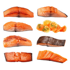Set of Different Grilled Salmon Fillets isolated on transparent background Remove png
