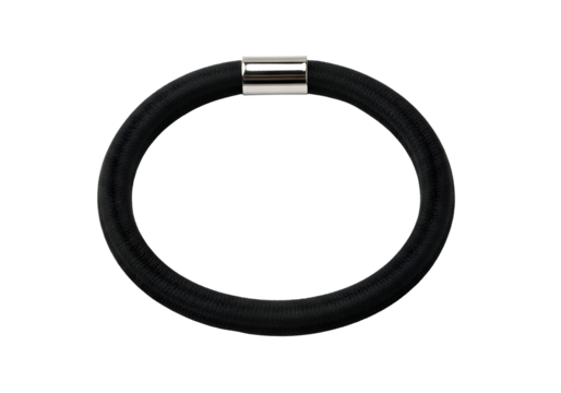 A black rubber band with a metal accent.