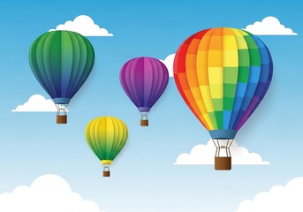 Fototapeta premium Colorful hot air balloons floating serenely in a bright blue sky with fluffy white clouds