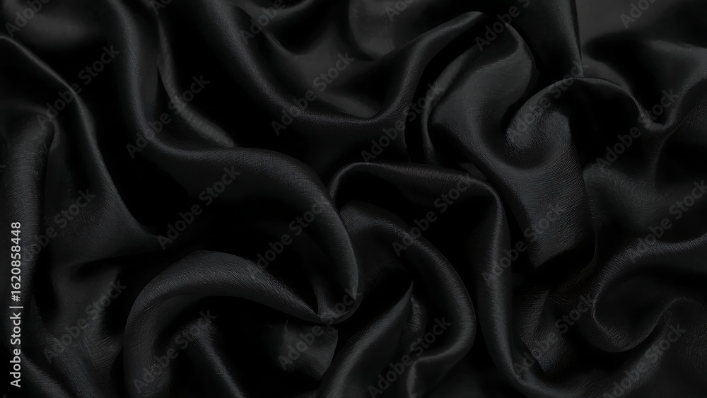 Poster closeup of luxurious black silk fabric with soft waves and elegant texture, creating a smooth and sh