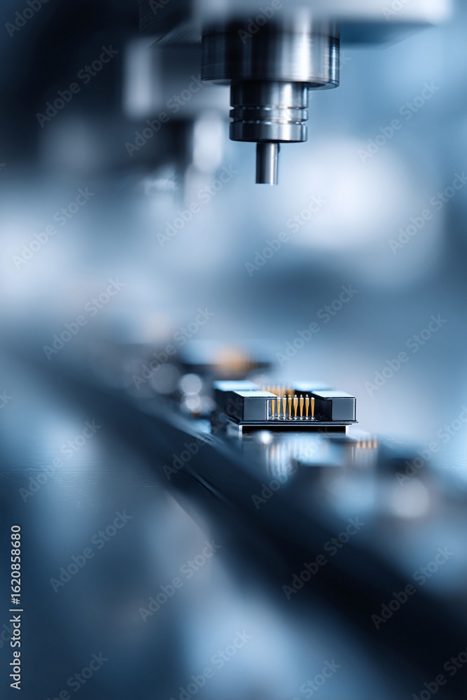 Poster precision manufacturing. automation in action with a robotic arm placing electronic components. perf