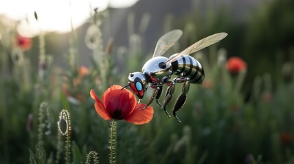 Robotic bee on poppy flower metal insect artificial intelligence nature photo macro photography art design on transparent background