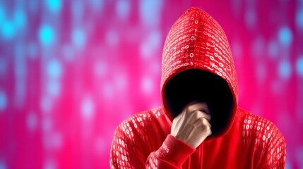 Individual wearing a red hoodie with binary code pattern, standing against a vibrant pink and blue background, conveying themes of mystery and technology in a digital age