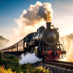Steam train in misty mountains