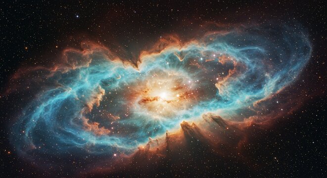 Spectacular view of the planetary nebula NGC 5189 with its glowing teal and orange gas clouds. - Powered by Adobe