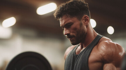 Intense workout shot of a muscular man. Represents dedication, strength, fitness goals, and healthy lifestyle. Great for motivational campaigns or gym advertising.