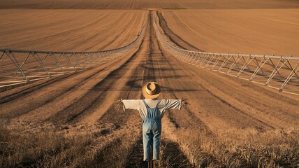 Scarecrow in field with irrigation system farm landscape agriculture rural scene country road farming on transparent background