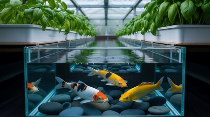 Aquaponics system with koi fish and basil plants for sustainable gardening and home food production on transparent background