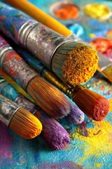 Fototapeta premium Close-up of colorful, used paintbrushes