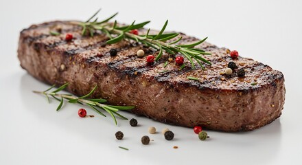 Grilled Steak with Rosemary and Peppercorns on White Background
