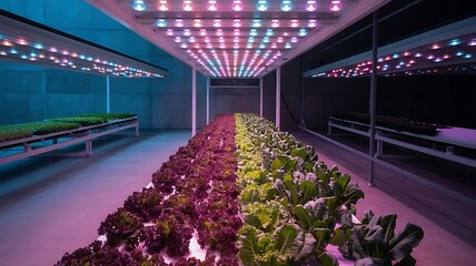 Indoor vertical farming led grow lights hydroponics agriculture technology sustainable food production on transparent background