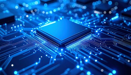 Close up of a glowing blue computer processor chip on a complex circuit board with illuminated pathways