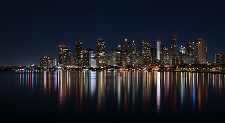 Fototapeta premium City skyline at night with water reflections cityscape