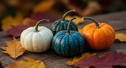 Autumn Pumpkins on Rustic Wooden Surface with Fall Leaves