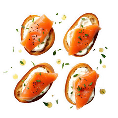 Four delicious salmon and cream cheese sandwiches on toasted bread isolated on transparent background offering a tasty appetizer