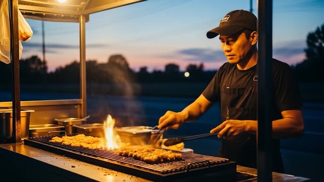 Sunset Street Food Vendor Grilling Delicious Kebabs