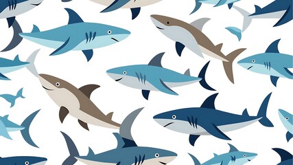 Playful cartoon sharks swimming in the ocean, a fun and seamless pattern for childrens designs and summer themes